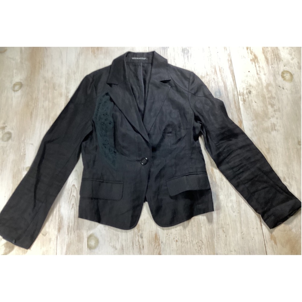 Bernardo Womens Black Linen Single Button Blazer Lace Detail Jacket Size S